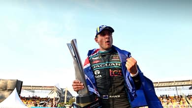 JAKARTA STREET CIRCUIT, INDONESIA - JUNE 04: Mitch Evans (NZL), Jaguar TCS Racing , 1st position, Podium during the Jakarta ePrix at Jakarta Street Circuit on Saturday June 04, 2022 in Jakarta, Indonesia. (Photo by Sam Bagnall / LAT Images)
