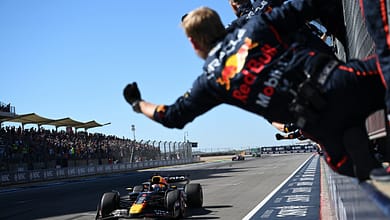 AUSTIN, TEXAS - OCTOBER 19: The Oracle Red Bull Racing team cheer as Race winner Max Verstappen of the Netherlands driving the (1) Oracle Red Bull Racing RB21 crosses the finish line during the F1 Grand Prix of United States at Circuit of The Americas on October 19, 2025 in Austin, Texas. (Photo by Sam Bagnall/Sutton Images) // Getty Images / Red Bull Content Pool // SI202510191335 // Usage for editorial use only //