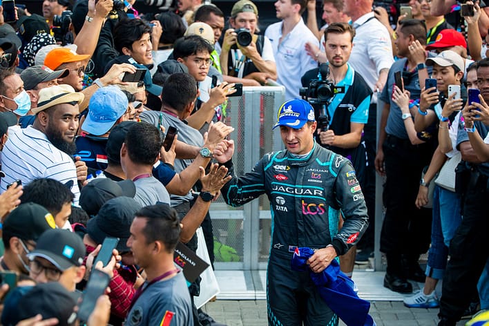 JAKARTA STREET CIRCUIT, INDONESIA - JUNE 04: Mitch Evans (NZL), Jaguar TCS Racing , 1st position, Podium during the Jakarta ePrix at Jakarta Street Circuit on Saturday June 04, 2022 in Jakarta, Indonesia. (Photo by Sam Bloxham / LAT Images)